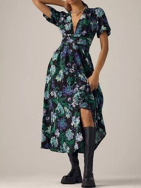 Anthropologie The Katerina Puff Sleeve Black Purple Floral Midi Dress Size MP